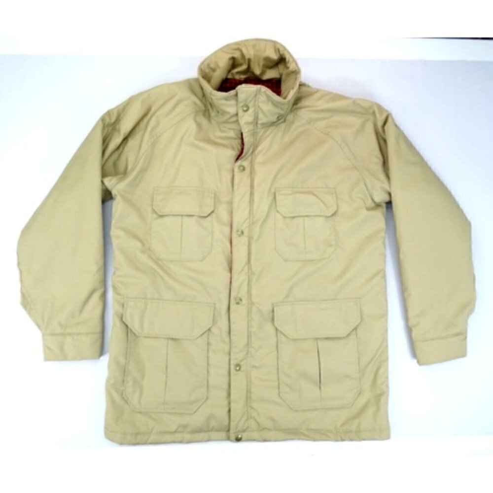 Vtg WOOLRICH Wool Lined Parka Work Jacket Thinsulate Tan USA Work Mens L No Hood